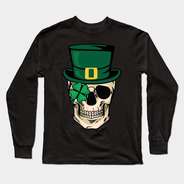 Lucky Shamrock Clover Leprechaun Skull Saint Patricks Day Long Sleeve T-Shirt by BadDesignCo